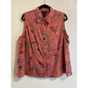 Jones New York Women’s Plus Size 2X Linen Button Down Blouse Sleeveless Floral